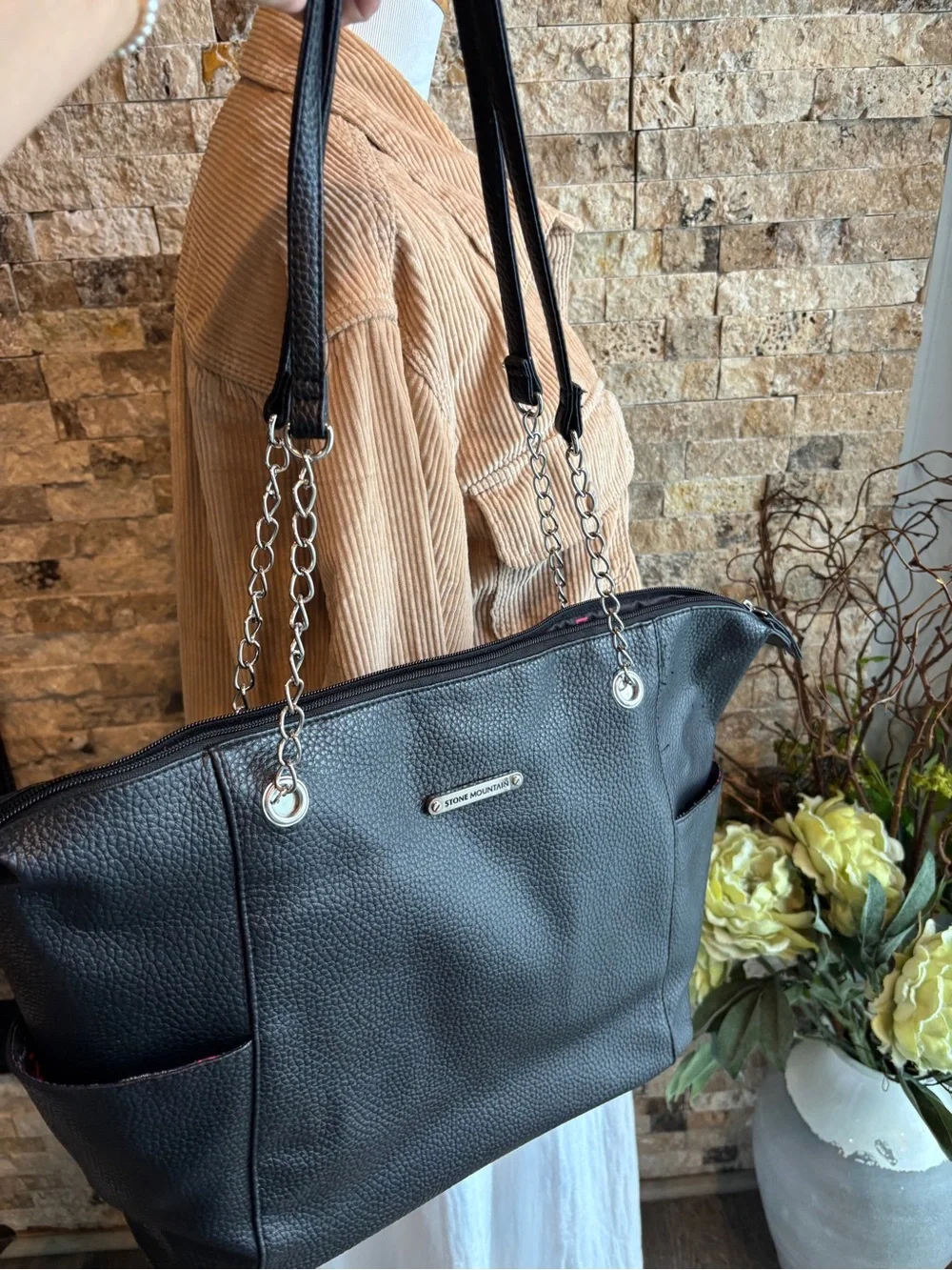 Stone Mountain Accessories Black Pebbled Tote with Chain-Strap Accents